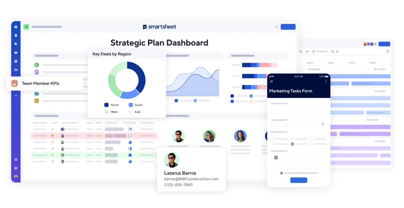 Smartsheet strategic plan dashboard with team member KPIs and a mobile intake form, configured by Apex Consulting Group